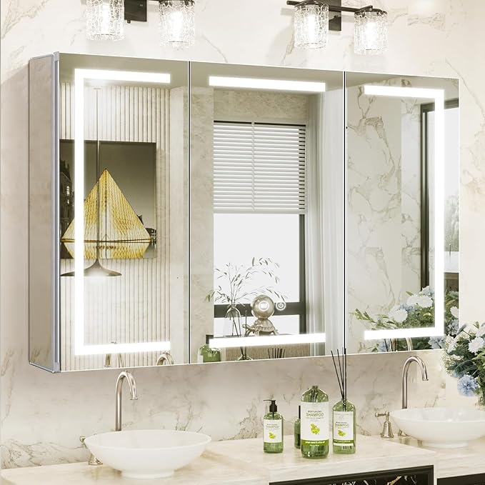 LED Medicine Cabinet,Bathroom Mirror Cabinet with Lights,48×32inch,Equip with Internal Light,Aluminum Construction,USB Shaver Socket,3 Color,Dimmer,Demister,Surface Mounted and Recess Mounted