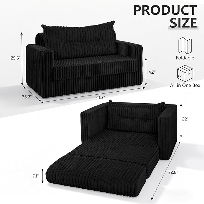 HABUTWAY 41.3" Loveseat Boneless Couch, 4-in-1 Convertible Sofa Bed, Plush Fur Folding Futon Sofa Bed Couches with a Pillow for Living Room, High-Density Foam Support, No Assembly Required, Black