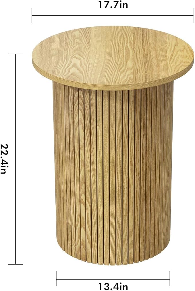 Wnutrees Round Fluted End Table, Small Accent Pedestal Side Table, Wood Fluted Nightstand Bedside Table for Living Room, Handcrafted Finish, Natural