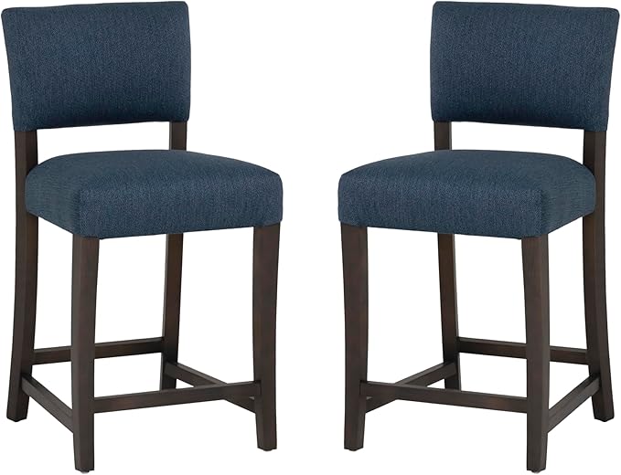Linon Brasko Dark Espresso Wood with Dark Blue Upholstery 24" Seat Height Counter Stool in a Set of 2