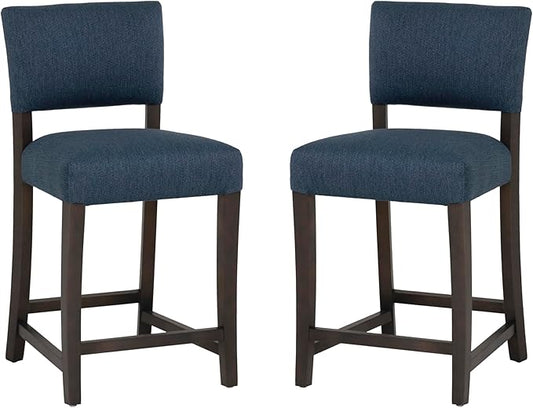 Linon Brasko Dark Espresso Wood with Dark Blue Upholstery 24" Seat Height Counter Stool in a Set of 2