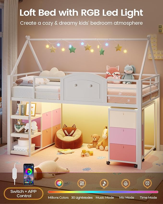 VIAGDO Twin Loft Bed with Desk and Storage for Kids, Metal Low Loft Bed Twin with 9 Drawers, 3-Tier Shelves, Led Lights, Safety Guardrail, No Box Spring Needed,White | 9 Storage Drawers