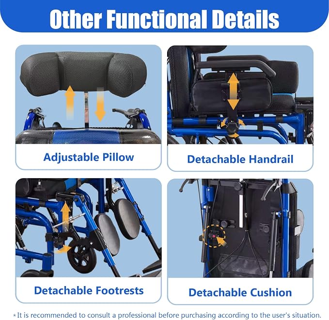 High Back Functional Wheelchair for Children and Teenagers with Cerebral Palsy 16 Inch Seat Width 180 Degree Recline Removable Dining Board Blue