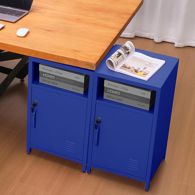 ALBAD Compact Metal Nightstand with Lockable Cabinet and Open Shelf, Modern Bedside Table, Versatile Side Table for Bedroom, Living Room, or Office (Blue, 26" H-Lockable Door)