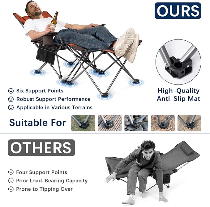 apollo walker Reclining Beach Chair, Adjustable 90-135° Backrest Camping Lounge Chairs for Adults, Folding Chair with Foot Rest & Detachable Pillow - Upgraded 8-Leg, Orange