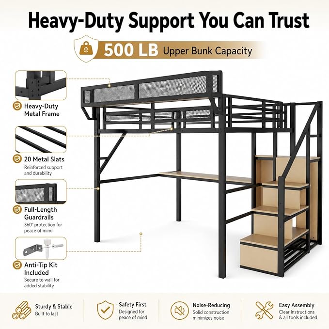 Mirightone Full Loft Bed with Desk and RGB Light, Metal Loft Bed Frame with Stairs and Bedside Shelf, Heavy-Duty Lofts Beds with Storage Shelves and Wardrobe for Kids Teens, Black