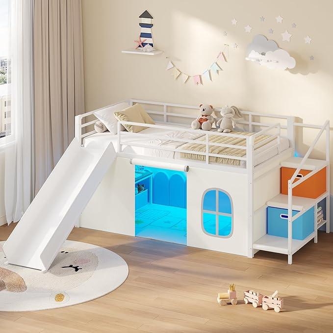 DICTAC Low Loft Bed with Slide,Storage Stairway and Led Lights Metal Twin Size Loft Bed with Under-Bed Play Space,Art Table & Play Curtain Twin Beds with 2 Drawers and 13.8''H Safety Guardrail,White