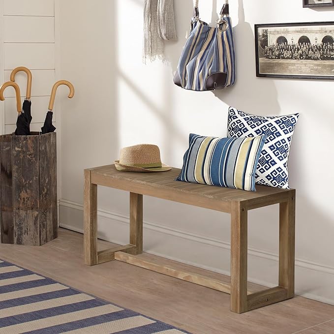 Wnutrees Farmhouse Solid Wood Bench, 31" Line Pattern Splicing Entryway Bench, Narrow Bench Seat for Living Room, Dining Room, Bathroom, Indoors, Natural