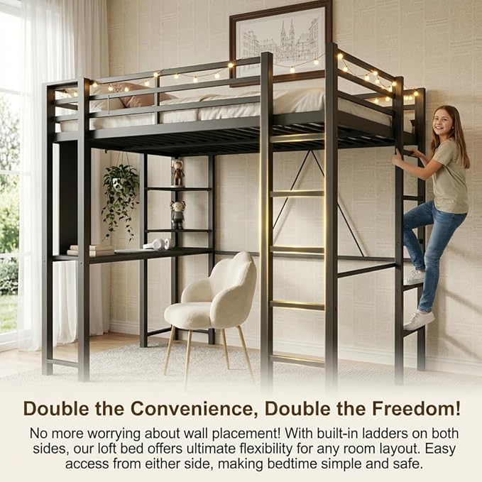 SUNLEI Loft Bed with Desk, Metal Loft Bed Full Size with 2 Built-in Ladders, Space-Saving Bed Frame, with Safety Guard, Noise Free for Small Bedroom, (Full Size) Black