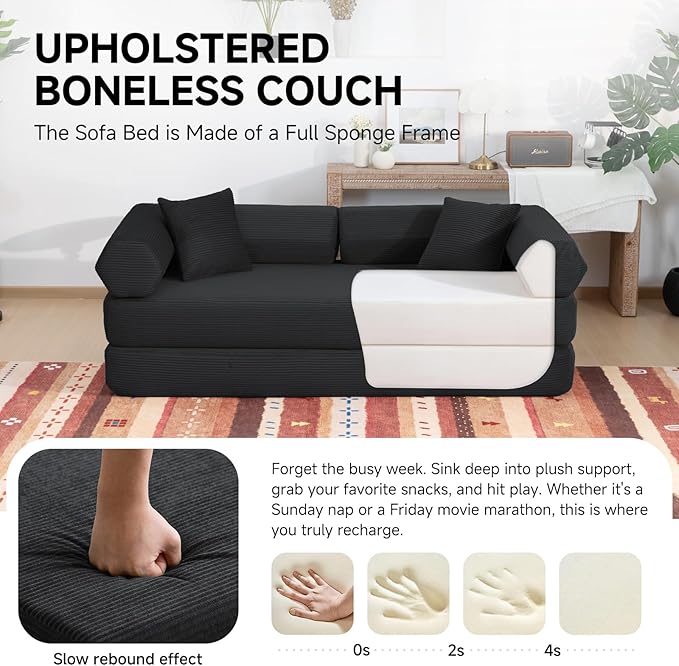 79" Boneless Couches for Living Room, Corduroy Sofa Bed with 2 Pillows,Side Pockets,Hex Arm, 5-in-1 Loveseat Sleeper Sofa for Small Spaces, High-Density Foam Couch, No Assembly, Black