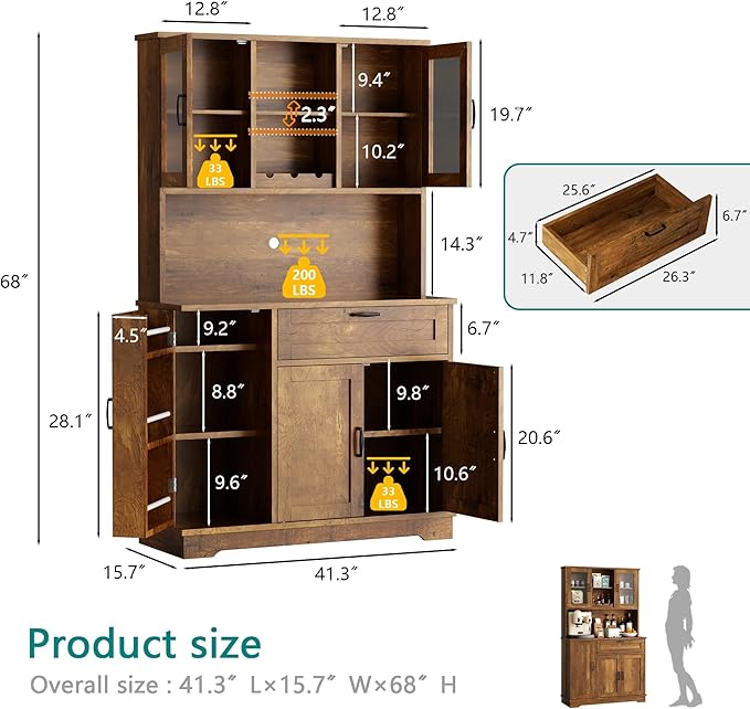 Vongrasig Tall Kitchen Pantry Storage Cabinet, Modern Pantry Cabinet with Hutch and Microwave Stand, Modern Kitchen Coffee Bar Hutch with Shelves for Dining Room, Brown