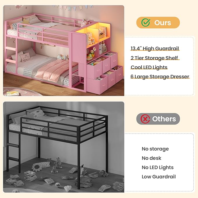 BTHFST Bunk Bed Twin Over Twin with 6 Large Fabric Drawers & 4 Storage Bookshelf, Metal Low Bunk Bed for Kids with LED Lights & Ladder and Guardrail, Space Saving, for Girls, Pink