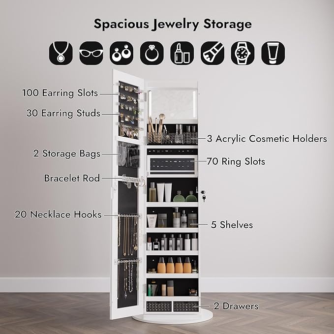 Zamildon's LED Mirror Jewelry Armoire, 360 Swivel Full Length Mirror Jewelry Cabinet, Freestanding Mirrored Jewelry Organizer with Interior LED Lights & Storage Shelves, White