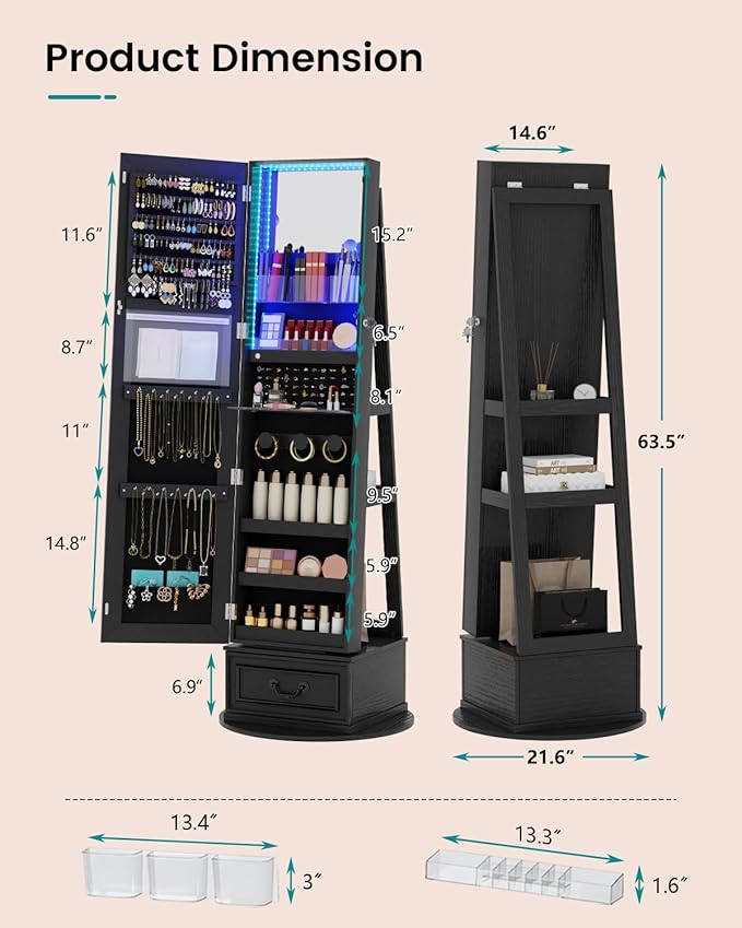 Vlsrka Mirror Jewelry Cabinet Standing, 360° Swivel Jewelry Armoire with Full Length Mirror, Lockable Mirror with Jewelry Storage, 3-Color LED Lights, Foldable Makeup Shelf, Black