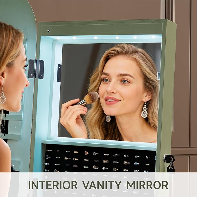 360° Swivel Jewelry Mirror Cabinet with Lights, Inside Makeup Mirror, Standing Jewelry Armoire Organizer, Rotatable Full-Length Mirror with Jewelry Storage, Lockable with Back Storage Shelves (Green)