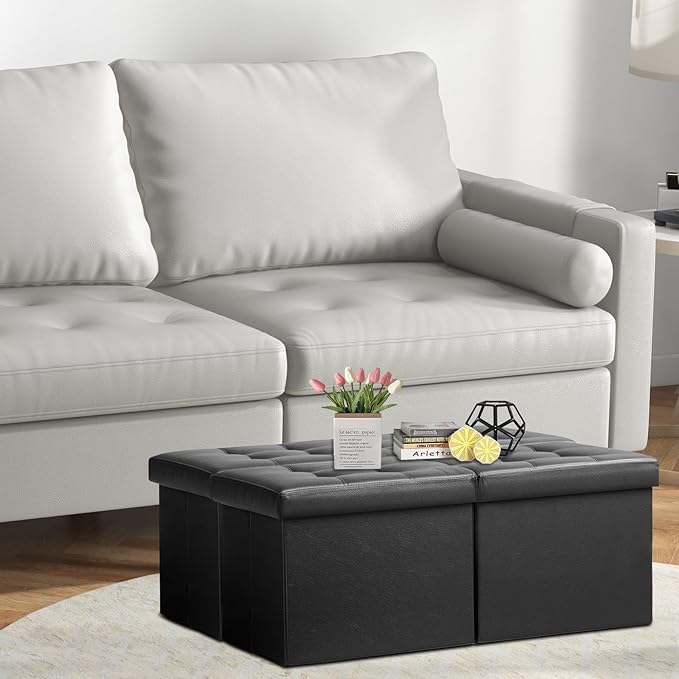AmasSmile Footrest Ottoman Bench with Storage,34Inch Black Leather Footstool, Coffee Table, Padded Seat, Storage Chest,Blanket Store with Flipping Lid for Livingroom and Bedroom