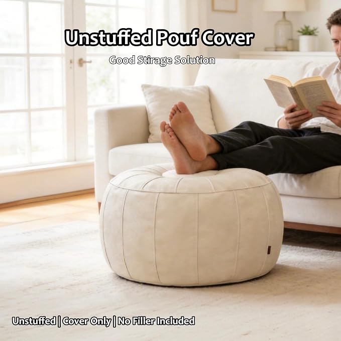 Thgonwid Unstuffed Moroccan Storage Pouf Foot Stool Ottoman Seat, No Filler Included, Handmade Faux Leather Bean Bag Floor Chair Foot Rest for Living Room, Bedroom or Balcony, Ivory White