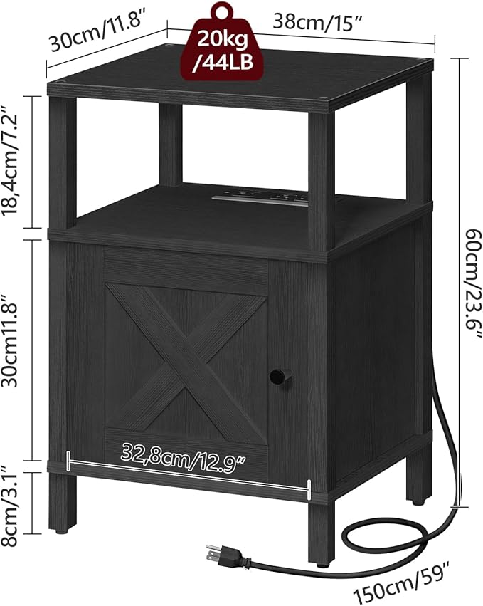 MAHANCRIS Farmhouse Nightstand with Charging Station, Black Bedside Table with USB & Type-C Ports, End Table with Storage and Open Shelf, Modern Side Table for Bedroom, ETBK96E01