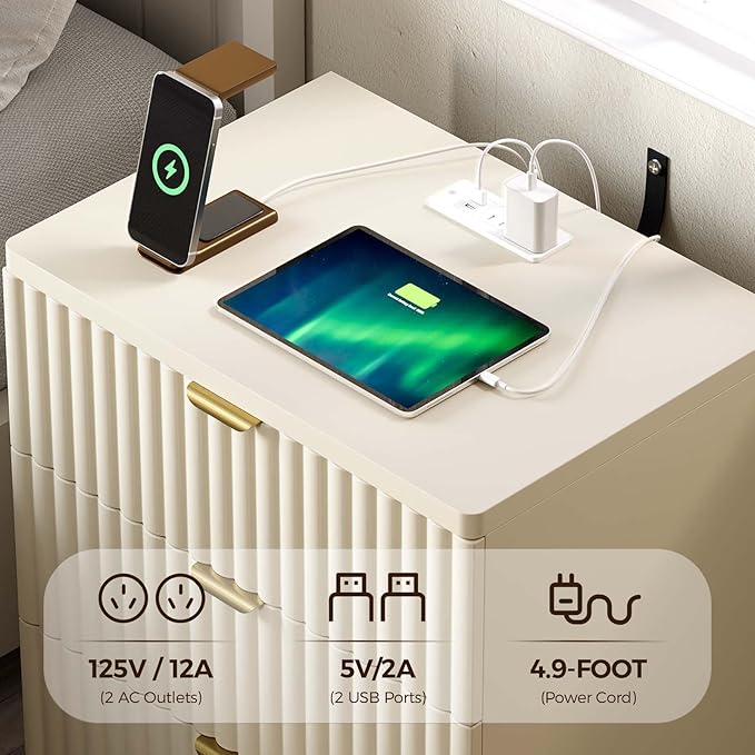 Nightstand with Charging Station, Wood Night Stand with 3 Drawers Storage Bedside Table Large Fluted Bed Side End Table, Modern Nightstand for Bedroom Living Room (Beige)