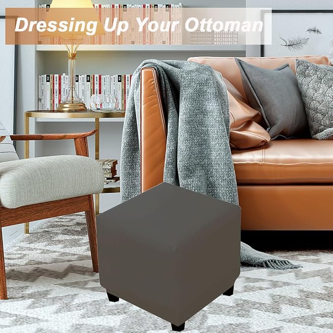 Waterproof Ottoman Cover Square Stretch PU Soft Folding Storage Ottoman Cover with Elastic Bottom Cube Footrest Foot Stool Slipcovers Machine Washable(Large/Dark Gray)