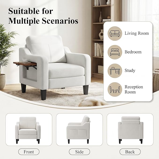 Accent Chair for Living Room, Mid-Century Upholstered Armchair with Foldable Table & 2 Side Pockets, Modern Linen Wooden Sofa Chair for Bedroom & Reading Room, Beige