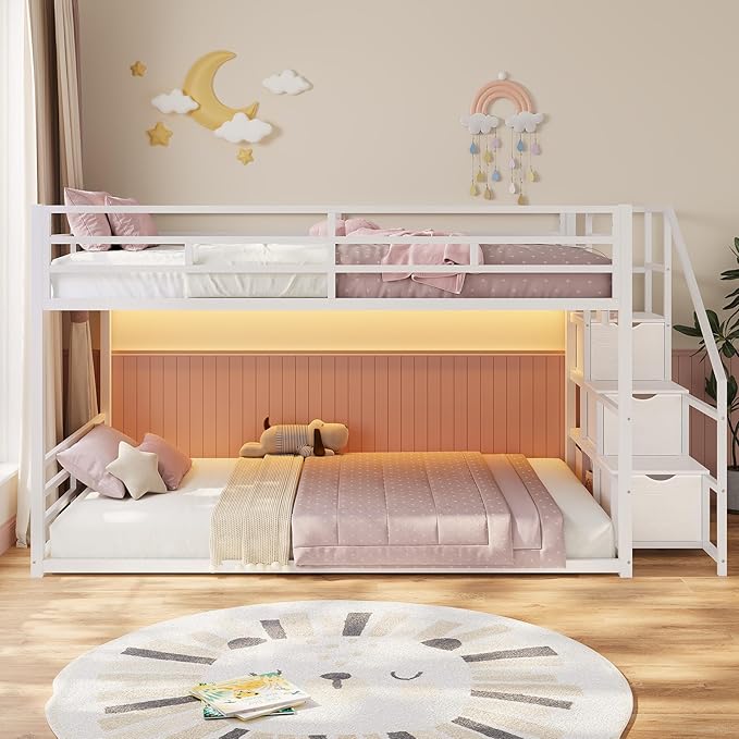 ADORNEVE Low Bunk Bed Twin Over Twin with Stairs, Storage Drawers & Shelves, RGB LED Lights Metal Floor Bunk with Power Outlet, Full-Length Guardrail & Metal Slats, for Small Space, Kids, White
