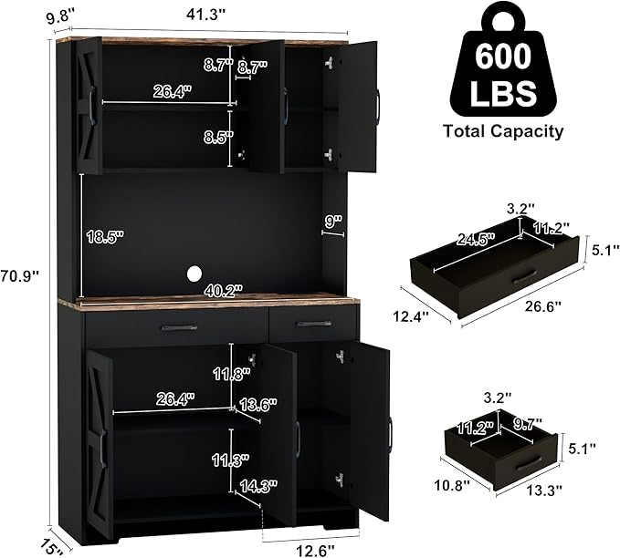 71" Kitchen Pantry Cabinet with Charging Station, Pantry Storage Cabinet Large Kitchen Hutch with Microwave Stand, Coffee Bar Station with Doors and Adjustable Shelves, Black and Brown