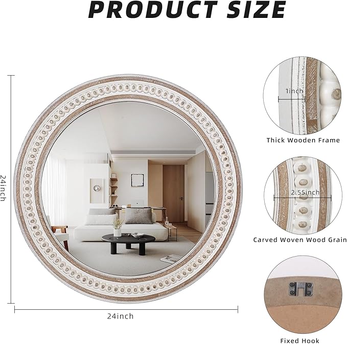 24 Inch Rustic Farmhouse Round Wall Mirror, Wooden Circle Bathroom Mirror for Over Sink, Decorative for Entryway, Bedroom, Living Room