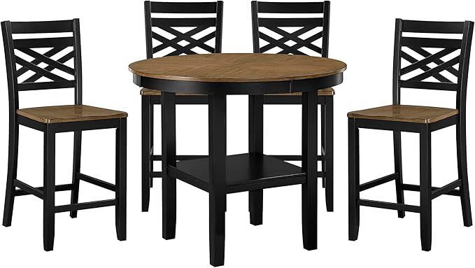 Lexicon 5 Piece Counter Height Dining Set for 4 - Acacia Veneer Wood Table Round with Storage Shelf and Cross Back Chairs, Dining Room Small Kitchen Table Set for 4, Two-Tone Finish (Brown and Black)