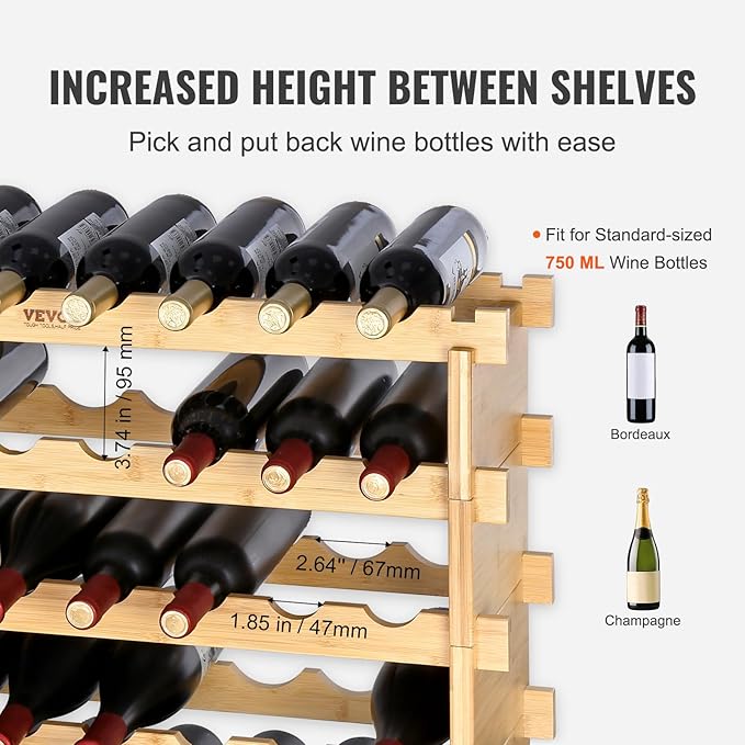 VEVOR 8-Tier 72 Bottles Stackable Modular Wine Rack, Freestanding Wines Holder Display Shelf, Solid Bamboo Wood Storage Racks, Wobble-Free Shelves for Kitchens, Dining Rooms, Cellars, Natural Color
