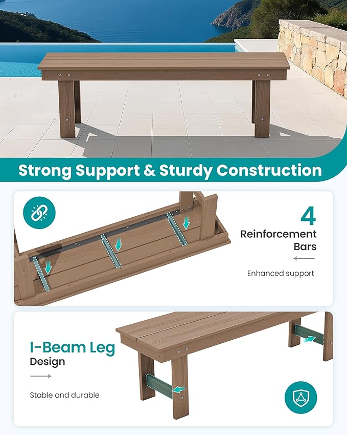 SERWALL 2-Person Outdoor Bench Backless, HDPE Outdoor Benches Weatherproof, 660 Lbs Weight Capacity, Poly Lumber Patio Furniture for Garden, Porch and Park, Brown, 2 Pack
