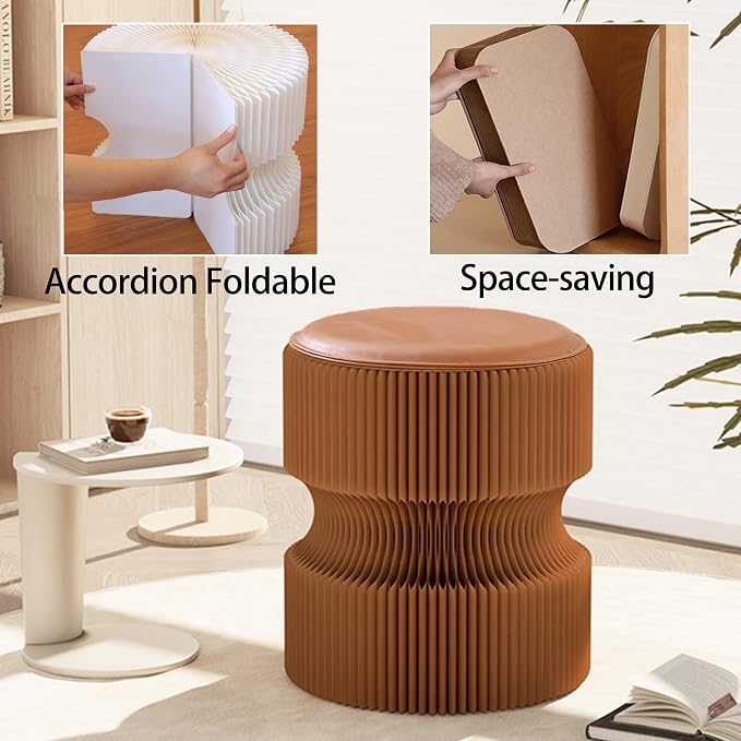 Accordion Folding Stool, Modern Kraft Paper Honeycomb Ottoman, Collapsible Portable Footrest Stool, Fold Up Under Desk Seat for Office Entryway Living Room Small Space (11 Inch, Brown)
