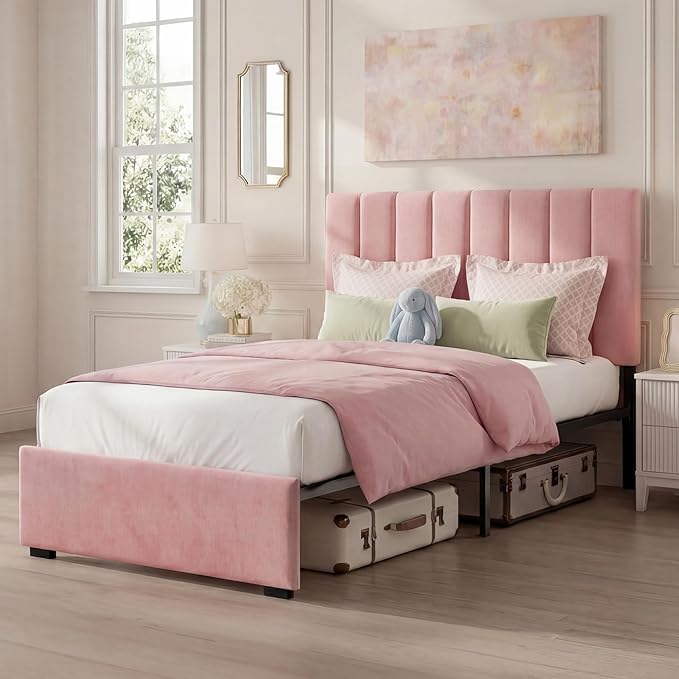 Welzona Upholstered Bed Frame Twin Size with Headboard for Kids, Velvet Fully Upholstered Metal Platform Bed with Vertical Channel Tufted Headboard, 3-Level Height, Metal Support, Easy Assembly, Pink
