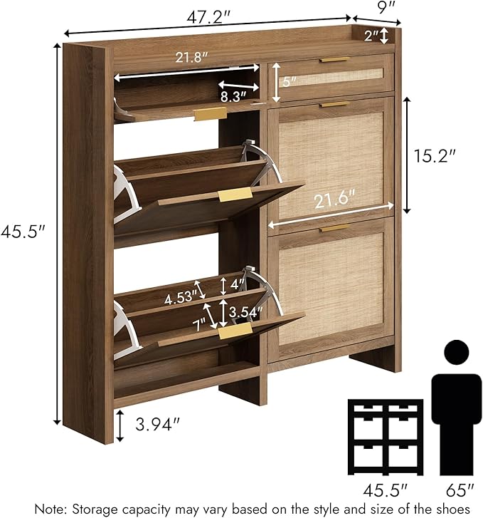HOKYHOKY Large Rattan Shoe Storage Cabinet with 4 Flip Drawers & 2 Storages–Hidden Slim Shoe Organizer for Entryway, Large Tabletop Space, Farmhouse Boho Narrow Shoe Rack, Rustic Oak