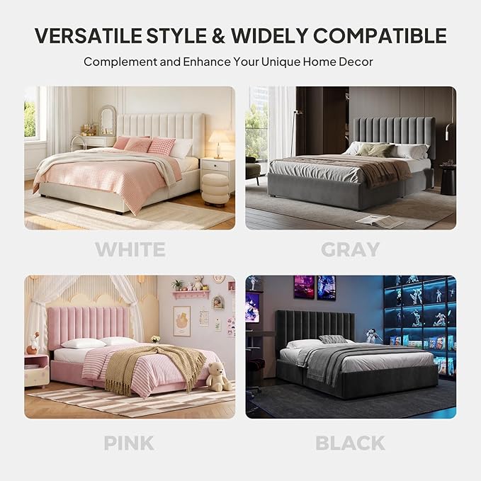 Welzona Queen Bed Frame with Storage and Headboard, Velvet Upholstered Metal Platform Corner Bed with Vertical Tufted Headboard, 2 Storage Drawers, 3-Height Level, Noise Free, Easy Assembly, White
