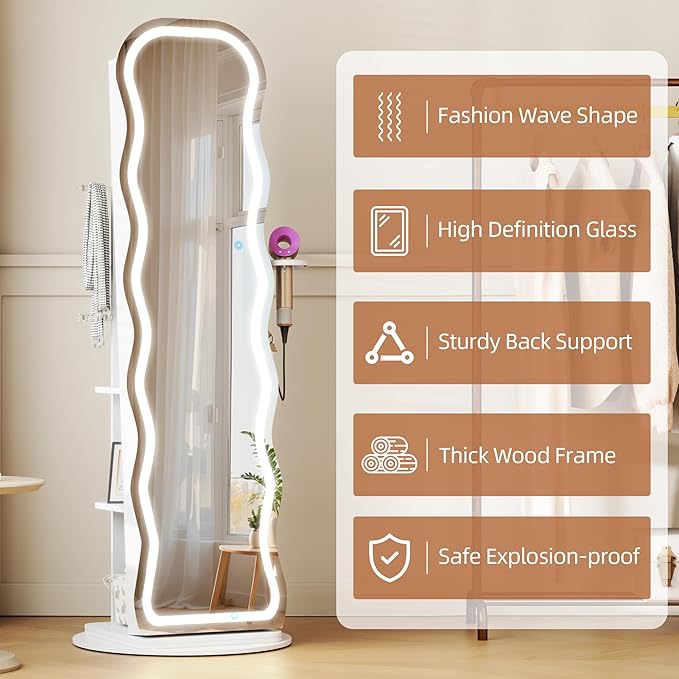 Vlsrka LED Mirror Jewelry Cabinet Standing, 360° Swivel Jewelry Aromire Organizer with Wavy Mirror, Lockable Jewelry Mirror with Storage, Jewelry Cabinet, Interior Mirror, Foldable Shelf (LED White)
