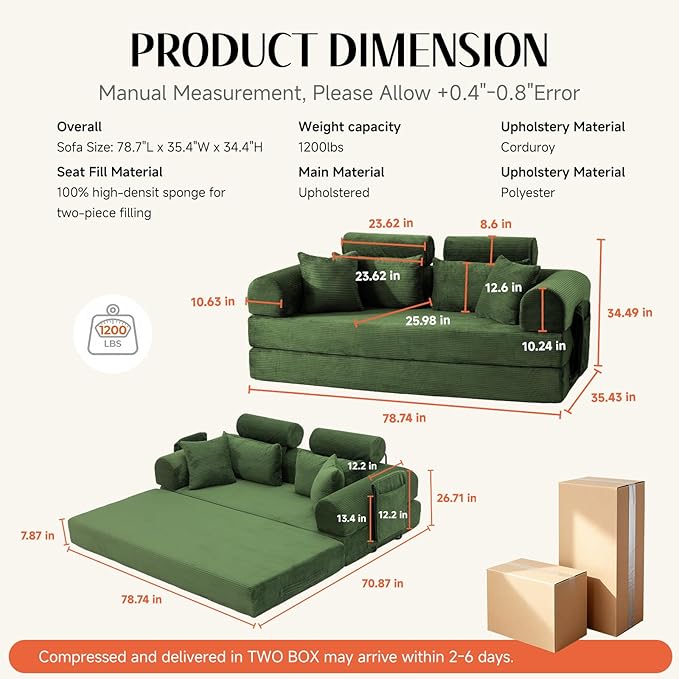 79" Convertible Boneless Couch for Small Spaces, 6-in-1 Corduroy Sofa Bed with High Backrest, Pillows, High-Density Foam Loveseat Sleeper Couch in a Box for Living Room, No Assembly, Olive Green