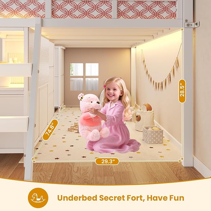 ADORNEVE Low Loft Bed Twin Size with 7 Storage Drawers, Bookcase and LED Lights, Metal Kids Loft Bed with 14" H Safety Guardrail,Inclined Ladder and Play Curtain, Under-Bed Play Space, White