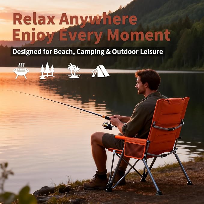 Folding Reclining Camping Chair with Footrest, 5-Position Adjustable Lounge Chair with Headrest & Cushion, Portable Heavy Duty Camping Chair for Outdoor, Beach, Patio, Office (Orange)