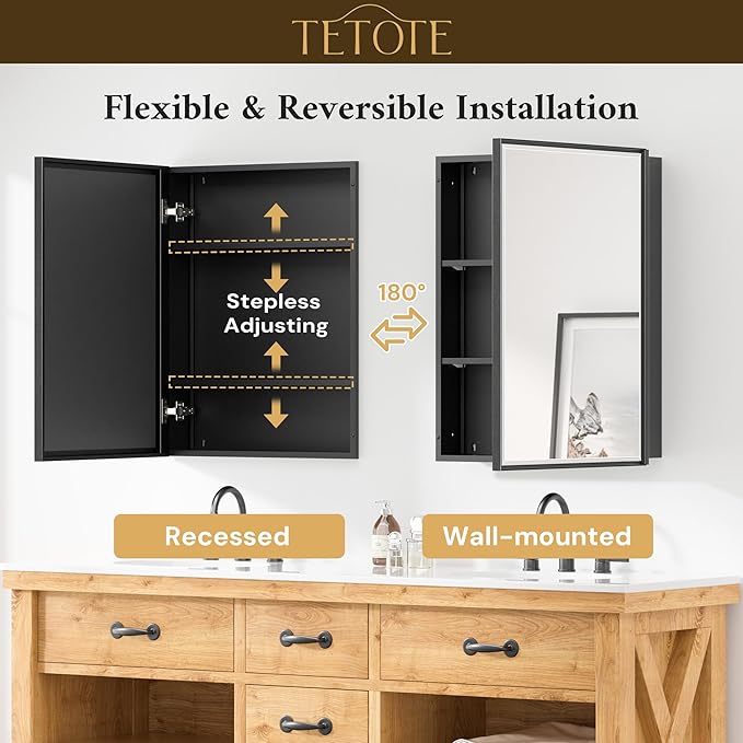TETOTE Medicine Cabinet Mirror 16" x 24" Black Aluminum Frame Medicine Cabinet with Beveled Mirror, Stepless Adjustable Shelves, Bathroom Mirror with Storage, Wall-Mounted or Recessed