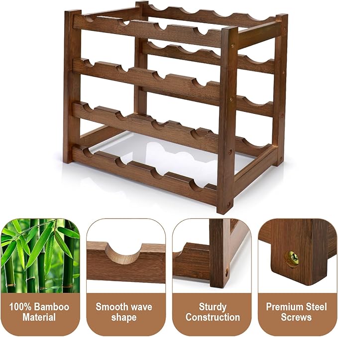 Bamboo Wine Rack, 4-Tier 16 Bottles Wine Storage Cabinet Shelf, Easy-Assembly Freestanding Bamboo Wine Racks Countertop for Kitchen Pantry Dining Room Bar, Walnut