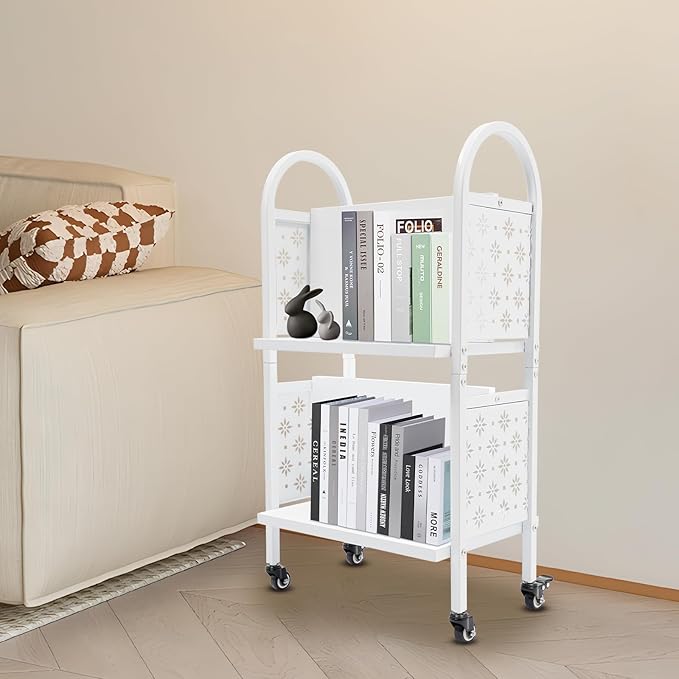 2-Tier Book Cart Rolling Office Floor Standing Book Storage Rack with Wheels Bookshelf Organizer Open Shelf Assistant Organizing Transporting Displaying Libraries Classrooms Homes Office School