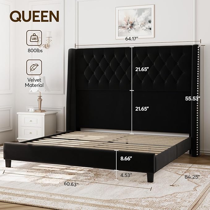 Queen Bed Frame with 55" Tall Headboard, Upholstered Black Bed Frame Queen, Soft Fabric, Button Tufted Headboard with Windback, Platform Bed, Noise-Free, No Box Spring Needed