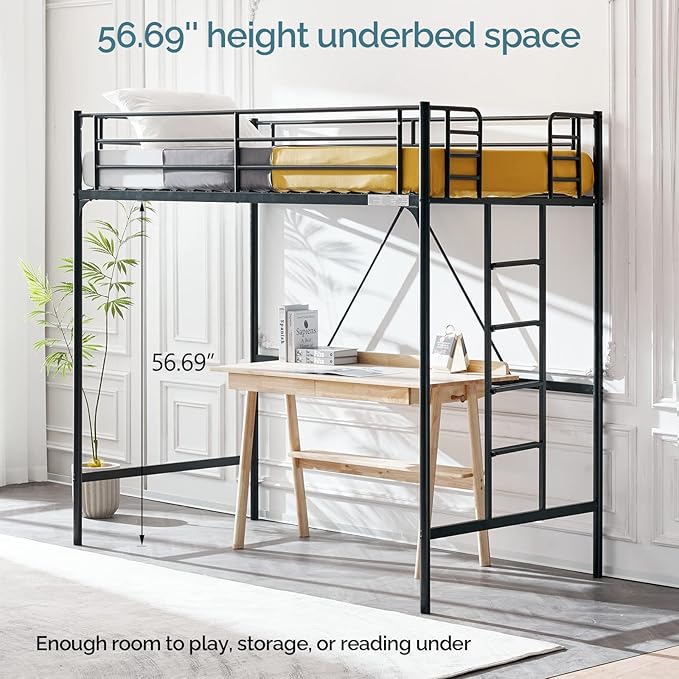 VINGLI 71 Inches Tall Loft Bed Twin Size with Flat Ladder Rung for Kids Teens Adults Heavy Duty Metal Single Bunk Bed Loft with Safety Guard Rails for Small Space, Black