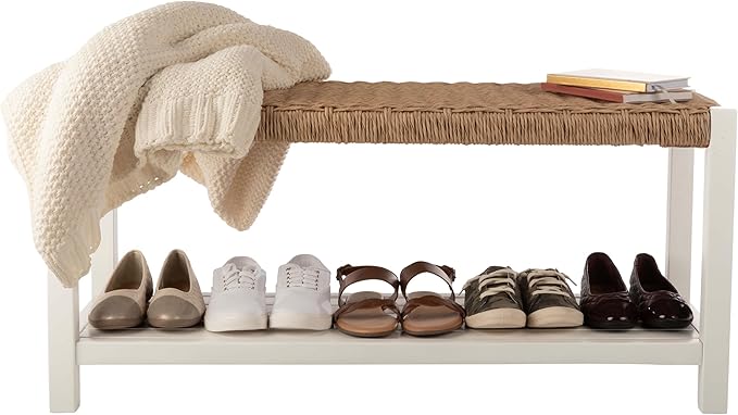 Alaterre Furniture Bench with Handcrafted Woven Rope Seat - Newport Collection 40-Inch Wood Bench with Storage Shelf for Entryway or Hallway - Indoor Furniture (White)