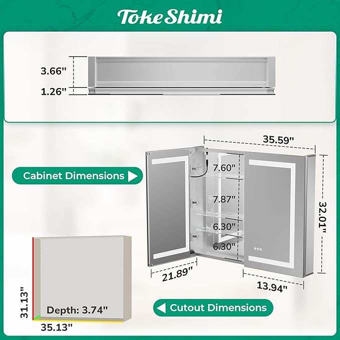 TokeShimi 36x32 Led Medicine Cabinet Recessed, Anti-Fog Mirrored Medicine Cabinet with Lights and Outlet, Frontlit 3 Colors Dimmable Mirror with Storage for Bathroom Modern