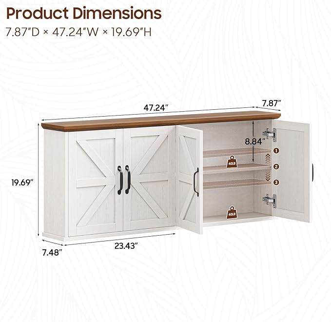 Halitaa 47" Laundry Room Cabinets and Storage with 4 Doors and Utility Adjustable Shelf, Large Wall Mounted Storage Cabinet, Upper Kitchen Cabinet for Laundry, Bathroom, and Kitchen, White and Brown
