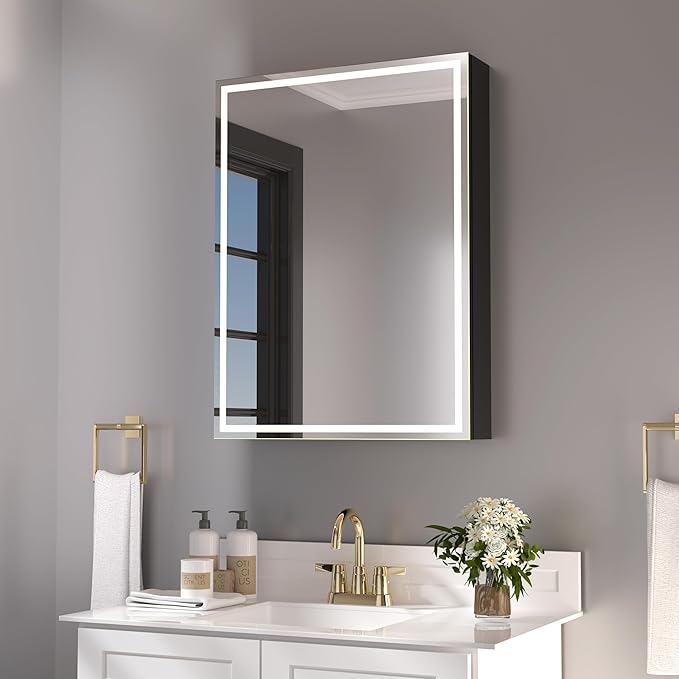 32x24 inch LED Lighted Medicine Cabinet with Mirror, Moisture-Resistant Wood, Stepless Dimmable, 3000K/5500K, Defogger, Adjustable Shelf, Flat-Pack Design – Assembly Required, Black