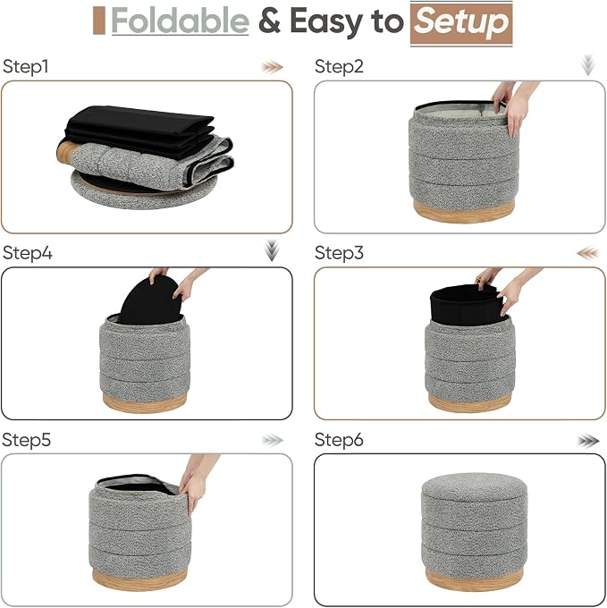 Round Storage Ottoman with Reversible Tray Lid, Folding Chenille Fabric Footrest with Hidden Storage, 15.4" Footstool for Small Spaces Living Room Bedroom, Wood Grain Base, Grey