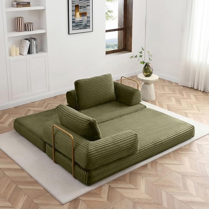 HANXIN 80 Inch Convertible Sleeper Sofa Bed, High Back Plush Corduroy Folding Floor Mattress Couch with Fixed-Shape Frame, Boneless Futon Loveseat with Pull Out Bed, No Assembly Required (Green)
